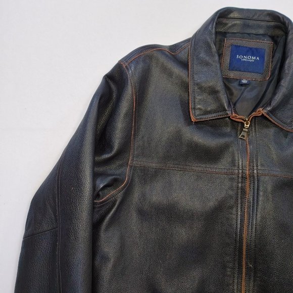 Sonoma Men’s Brown Heavy Leather Jacket Size XL Zip Front Collared Lined - Picture 6 of 13